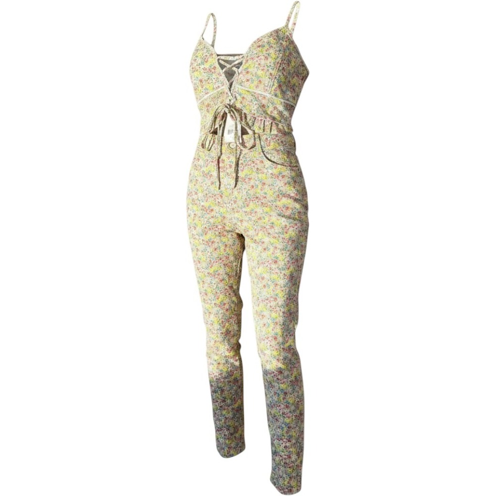 LoveShackFancy Womens Yellow Ditsy Floral Lace Up Top and Leggings Set XS NWT